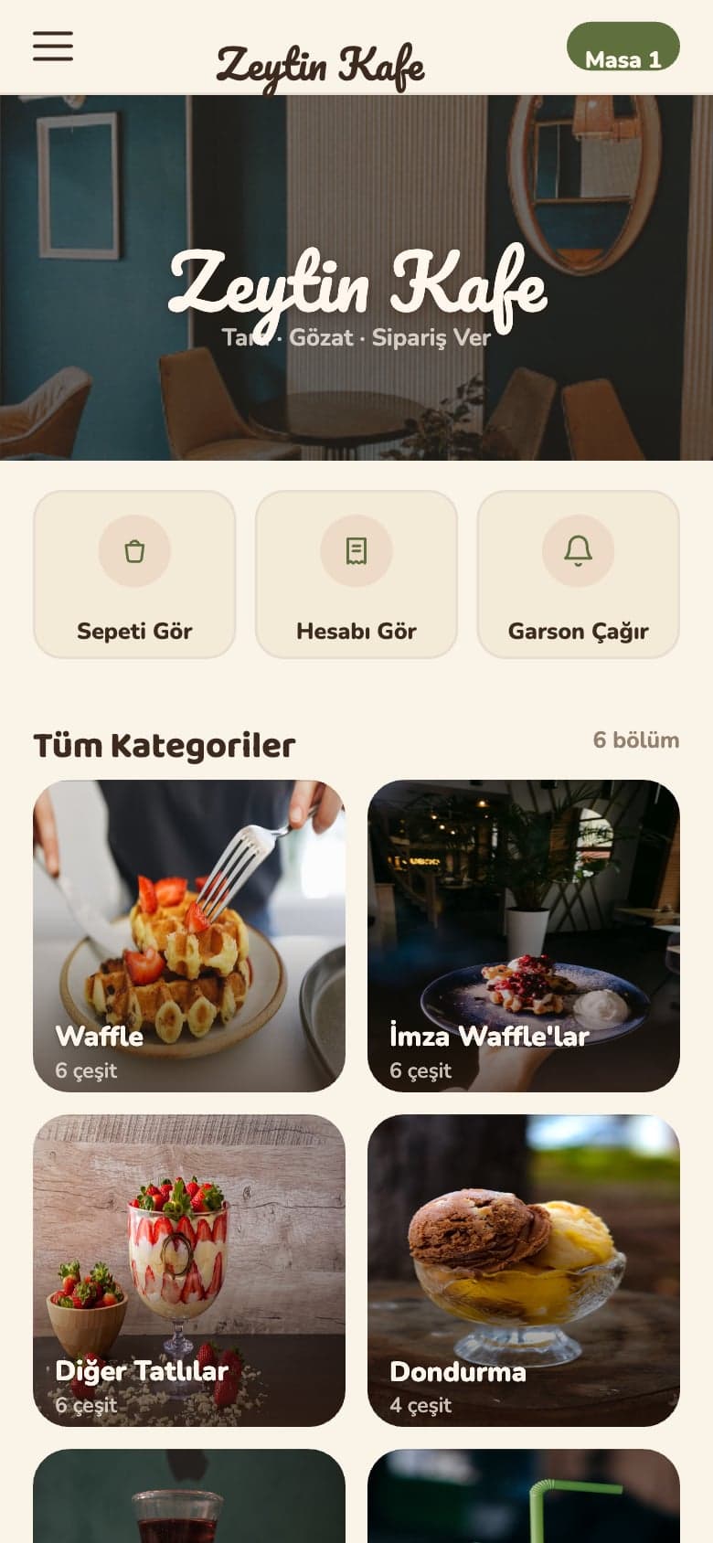 Müşteri QR menüsü: kapak ve kategoriler